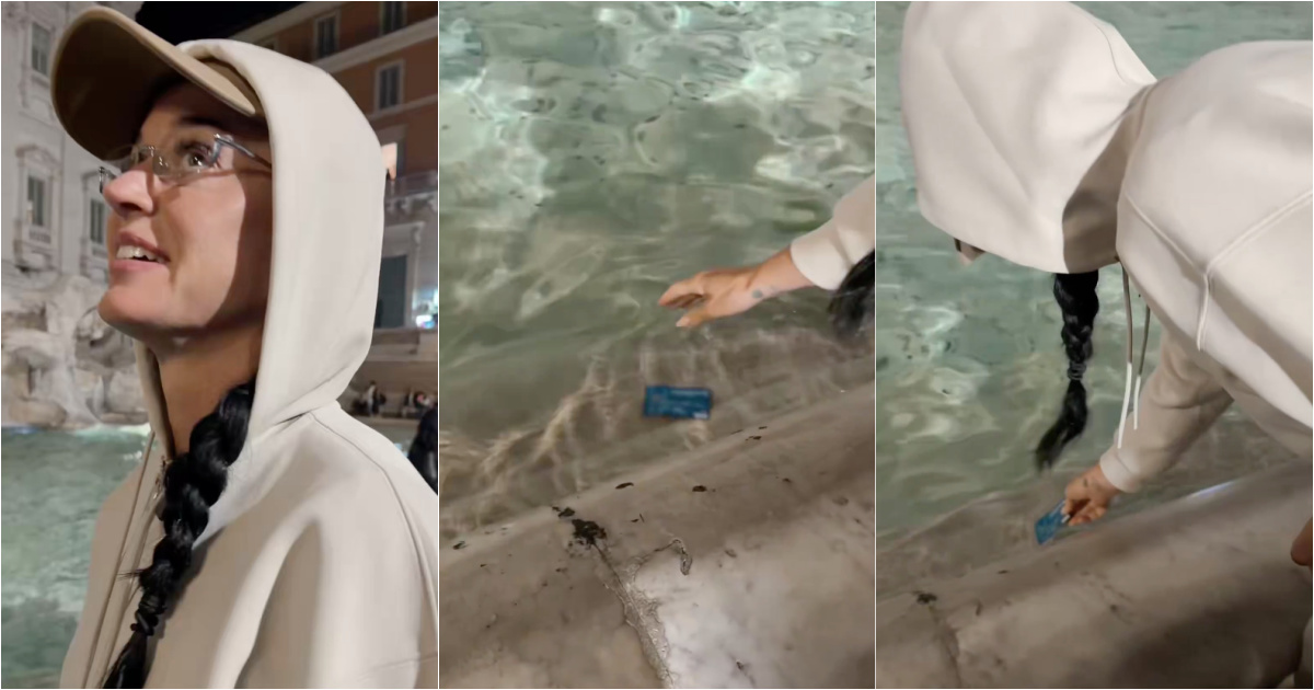 No coins? Katy Perry improvises and uses a credit card at the Trevi Fountain