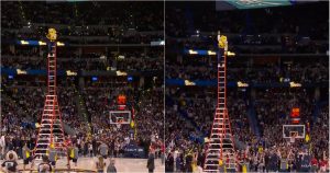 Nuggets mascot hits “impossible” triple on his back from 30 feet in the air