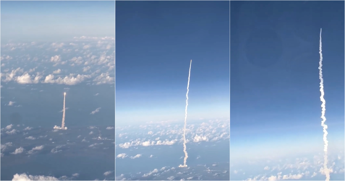 Commercial flight passengers film the launch of NASA's Artemis II mission to the Moon