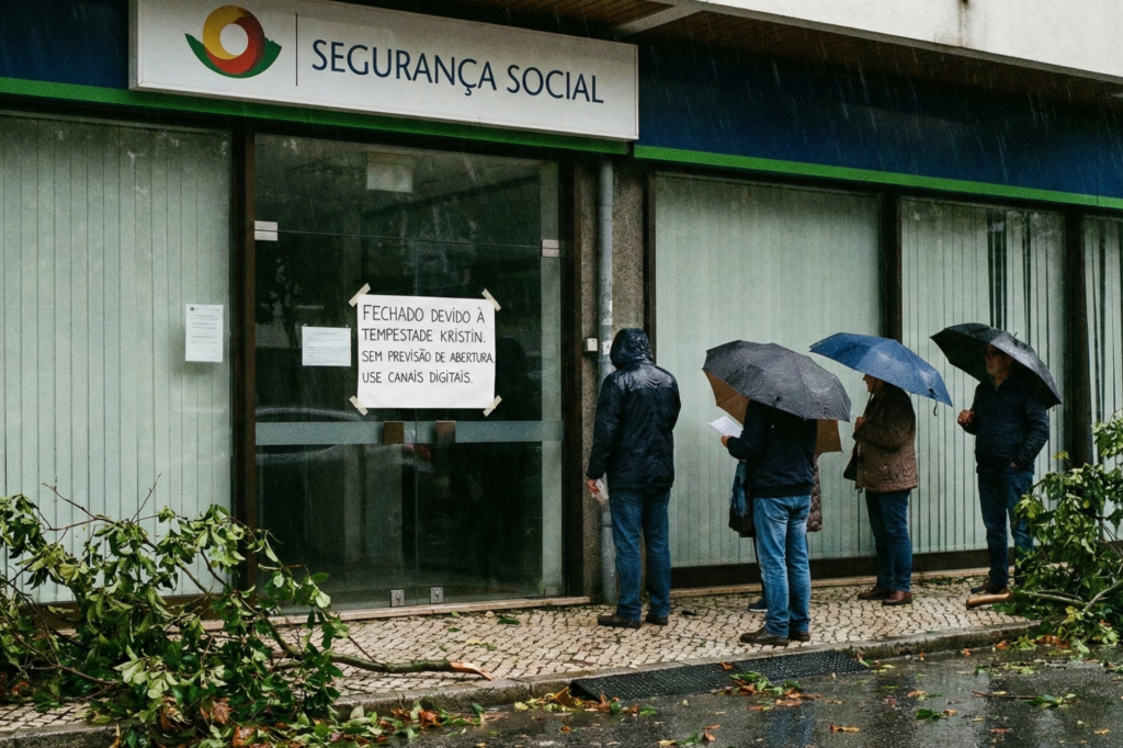 Pessoas à porta da Segurança Social encontram posto de atendimento encerrado. Crédito: Foto AI