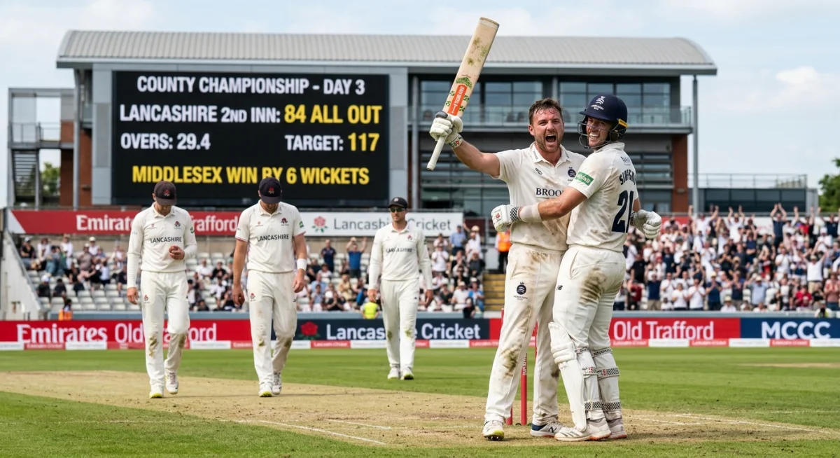Middlesex players celebrate a wicket during the County Championship match against Lancashire at Old Trafford.