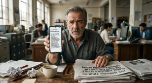 A smartphone displaying the redesigned Google News interface with AI summaries instead of article links.
