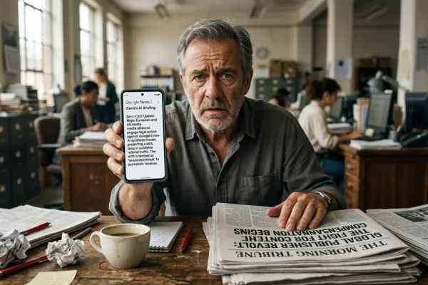 A smartphone displaying the redesigned Google News interface with AI summaries instead of article links.