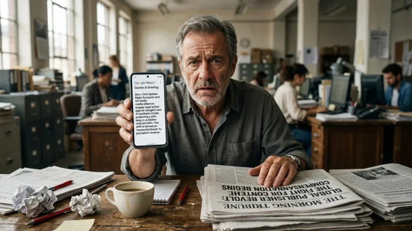 A smartphone displaying the redesigned Google News interface with AI summaries instead of article links.