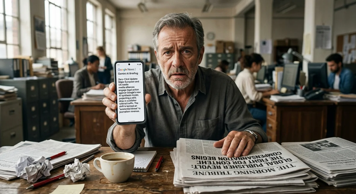 A smartphone displaying the redesigned Google News interface with AI summaries instead of article links.