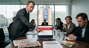 A smartphone displaying the Google News interface with an 'error' graphic overlaid against a blurred background of the European Commission building in Brussels.
