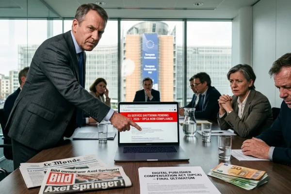 A smartphone displaying the Google News interface with an 'error' graphic overlaid against a blurred background of the European Commission building in Brussels.