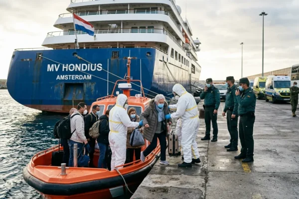 Das niederländische Kreuzfahrtschiff MV Hondius liegt im Industriehafen von Granadilla de Abona auf Teneriffa.