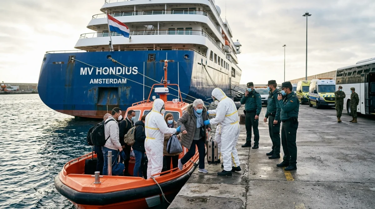 Das niederländische Kreuzfahrtschiff MV Hondius liegt im Industriehafen von Granadilla de Abona auf Teneriffa.
