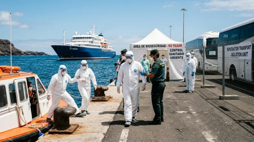 Passengers wearing full protective gear disembark from a small boat at Tenerife port from the MV Hondius.