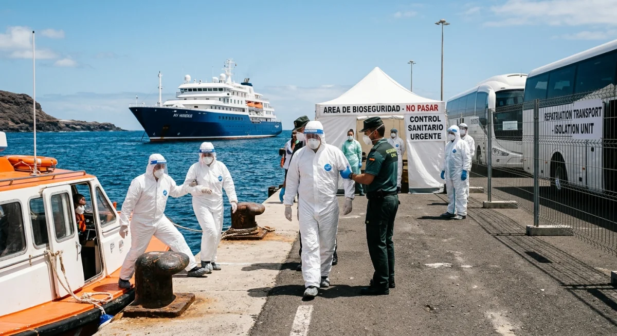 Passengers wearing full protective gear disembark from a small boat at Tenerife port from the MV Hondius.