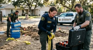 Law enforcement officials conducting an investigation at a residential property.