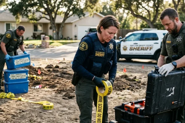 Law enforcement officials conducting an investigation at a residential property.