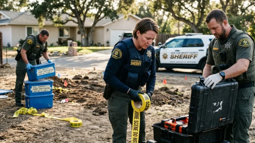 Law enforcement officials conducting an investigation at a residential property.
