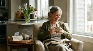 A curated Mother's Day gift basket containing a ceramic mug, artisanal tea, and a small potted herb plant on a wooden tray.