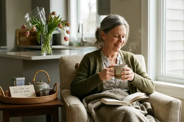 A curated Mother's Day gift basket containing a ceramic mug, artisanal tea, and a small potted herb plant on a wooden tray.