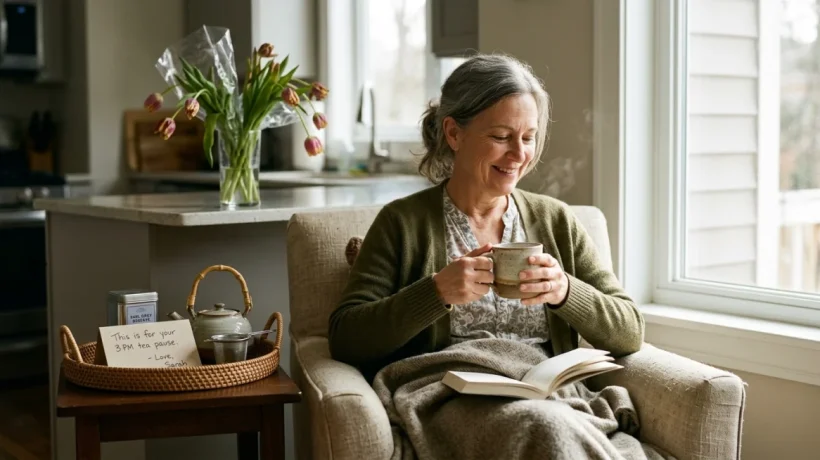 A curated Mother's Day gift basket containing a ceramic mug, artisanal tea, and a small potted herb plant on a wooden tray.