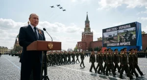 Russian service members march in Red Square during a scaled-back Victory Day parade in Moscow, May 9, 2026.