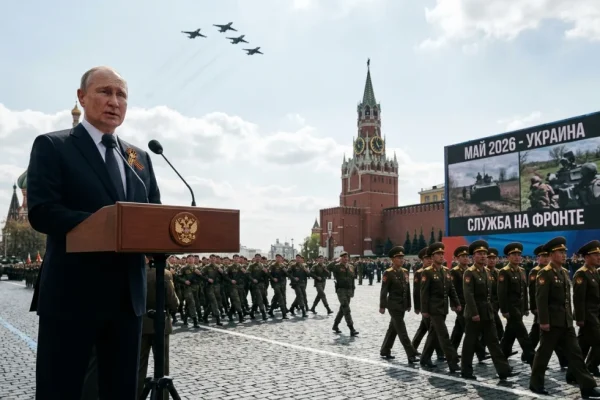 Russian service members march in Red Square during a scaled-back Victory Day parade in Moscow, May 9, 2026.