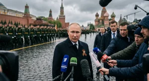 Russian military personnel march in Moscow without tanks during Victory Day parade.