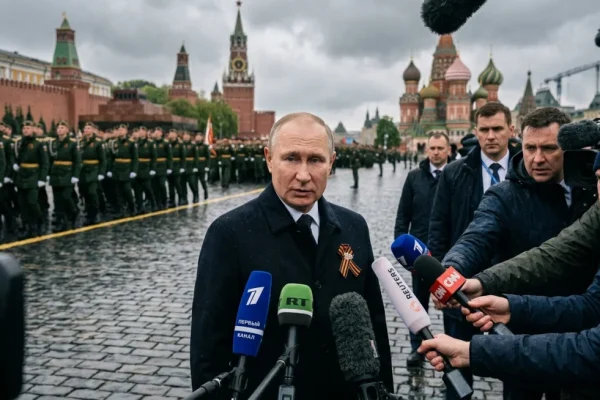 Russian military personnel march in Moscow without tanks during Victory Day parade.