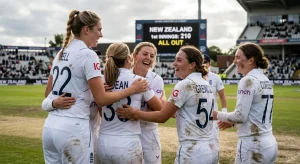 England women's cricket team celebrating a wicket against New Zealand at Chester-le-Street.