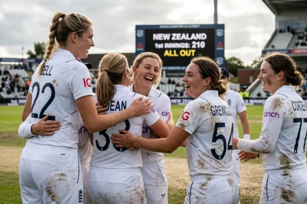 England women's cricket team celebrating a wicket against New Zealand at Chester-le-Street.