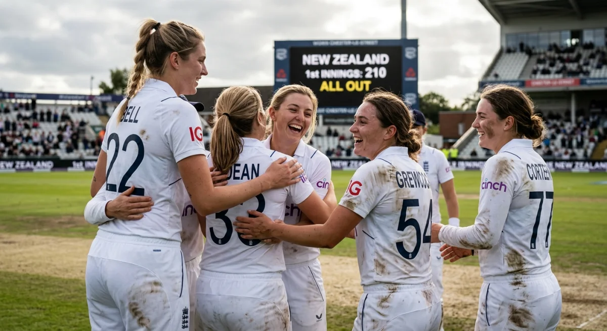 England women's cricket team celebrating a wicket against New Zealand at Chester-le-Street.