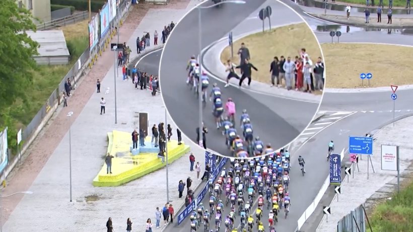 Uncontrolled spectators almost deliberately knock cyclists off their feet at the Giro