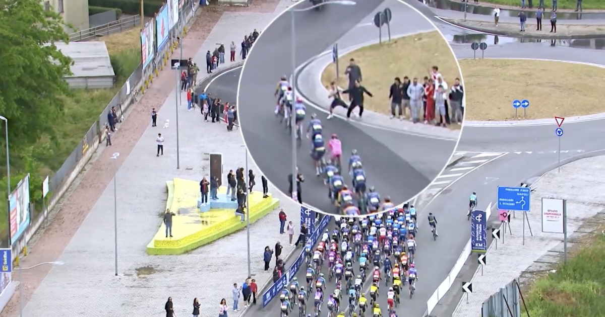 Uncontrolled spectators almost deliberately knock cyclists off their feet at the Giro