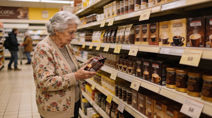 Idosa a escolher café no supermercado. Crédito: Freepik AI