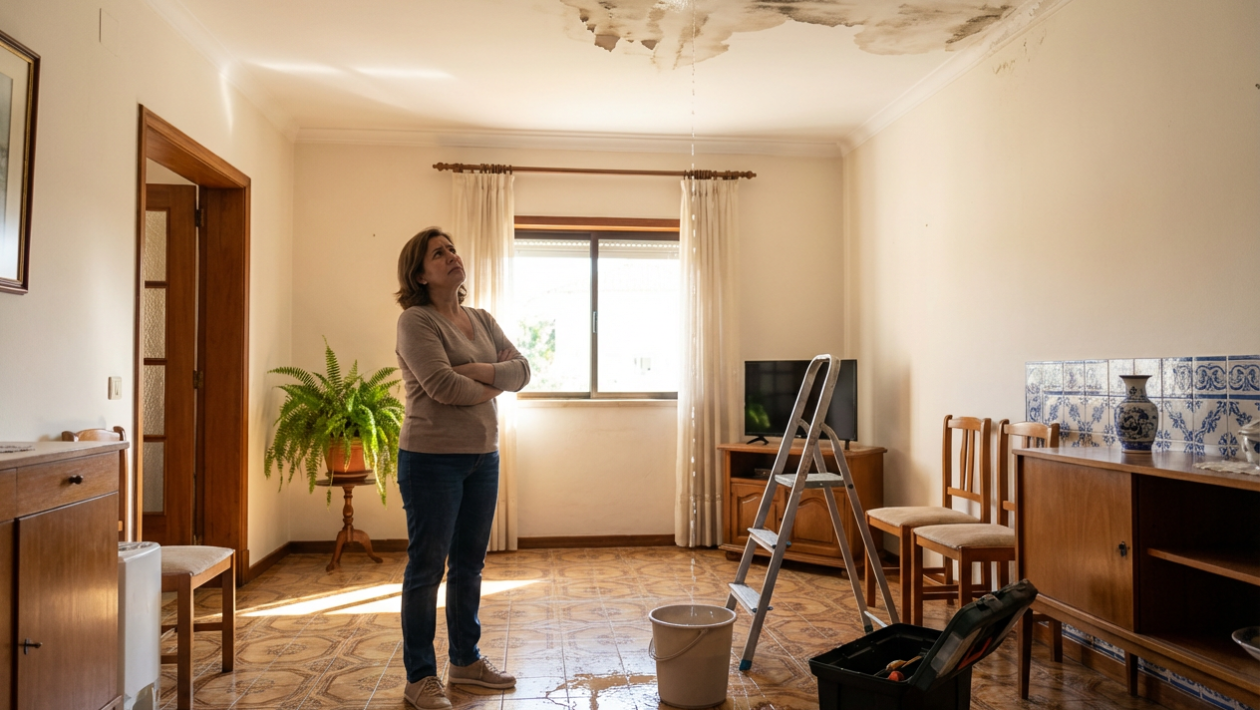 Mulher com infiltrações em casa. Crédito: Freepik AI