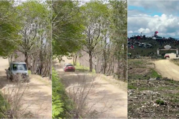 Trailer crosses in front of Elfyn Evans at Rally de Portugal