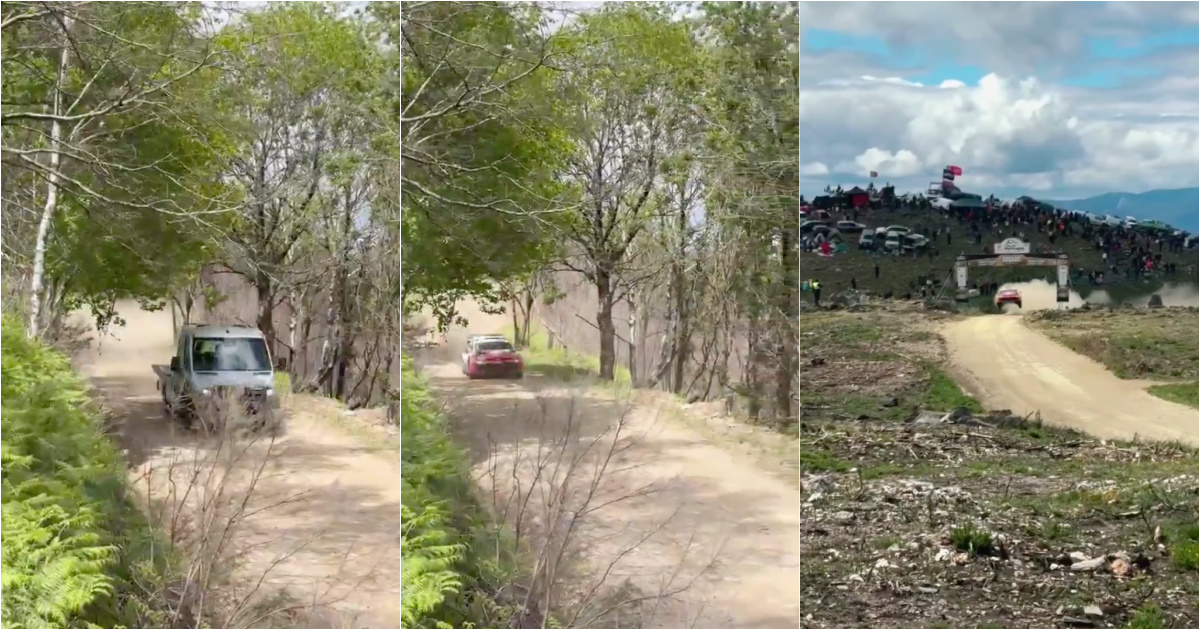 Trailer crosses in front of Elfyn Evans at Rally de Portugal