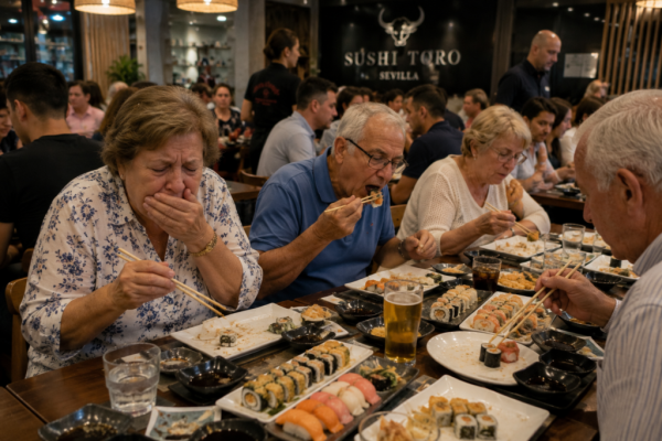 Pessoas a comer em restaurante e idosa maldisposta. Crédito: Foto AI