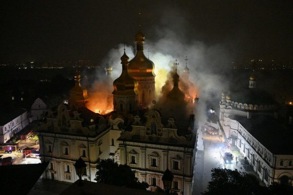 Russian attacks leave historic Kiev cathedral in flames