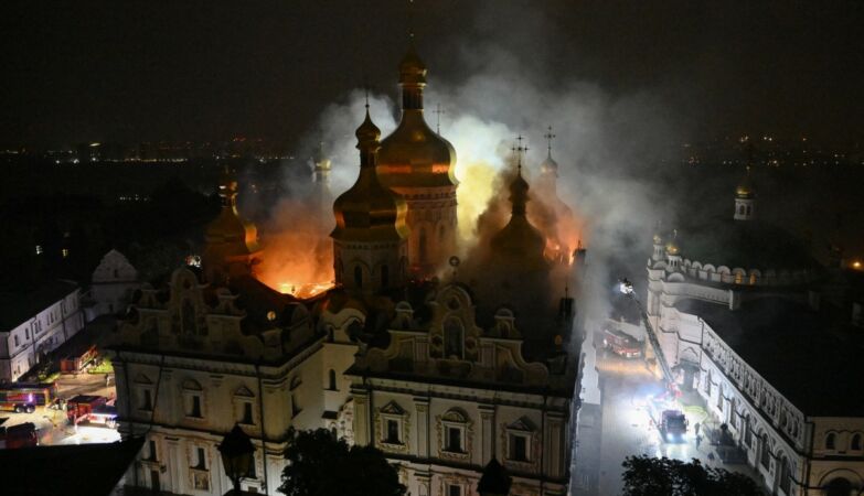 Russian attacks leave historic Kiev cathedral in flames