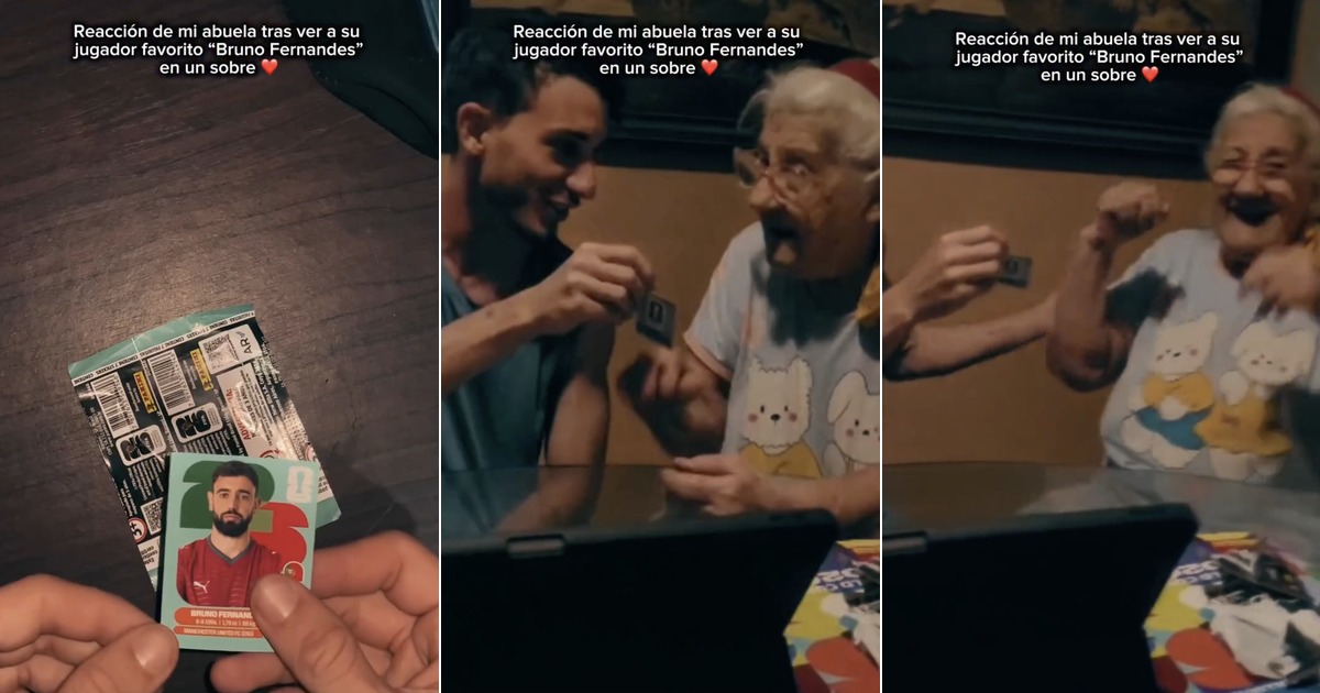Grandmother is ecstatic to win Bruno Fernandes sticker to complete the World Cup sticker book