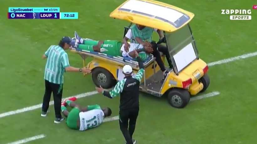 Stretcher cart causes unusual moment and hits player during game in Ecuador