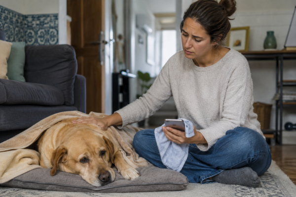 Mulher a tomar conta do seu cão que se encontra doente. Crédito: Foto AI