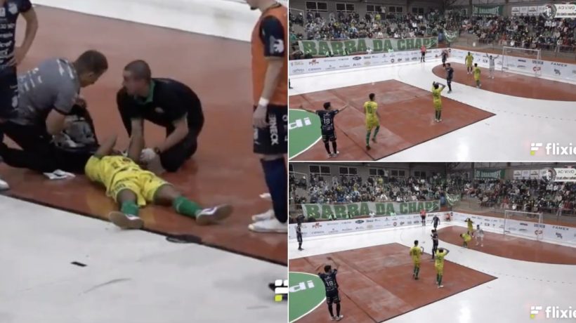 Light bulb comes off and hits futsal player directly in the head