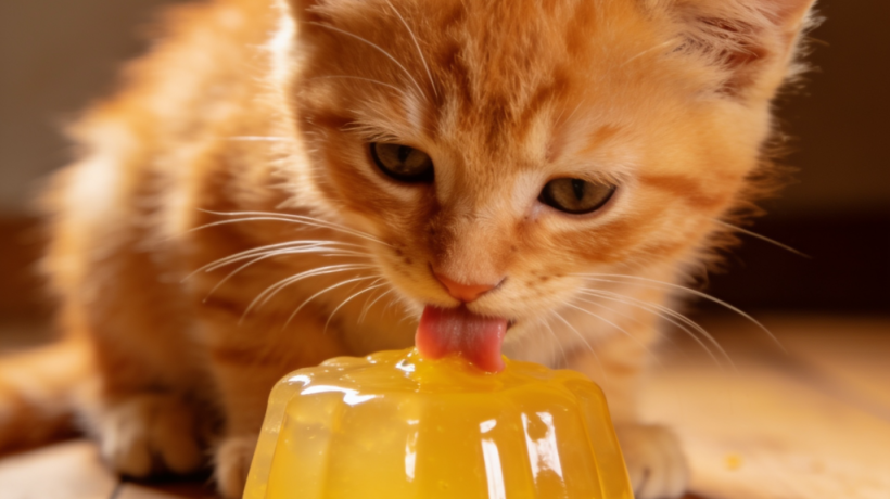 Gato a comer gelatina.