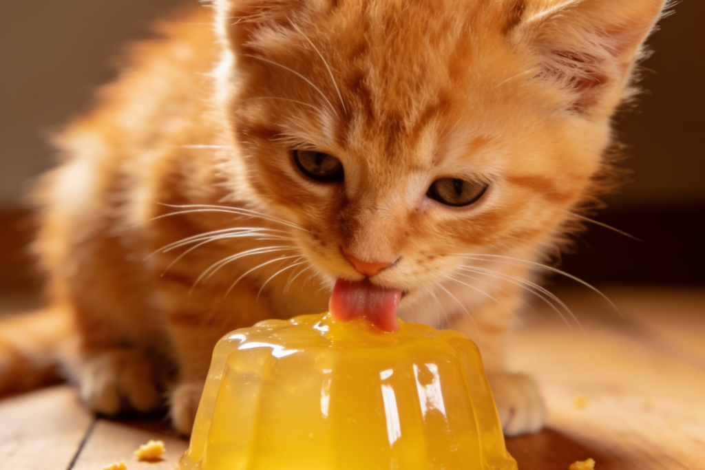 Gato a comer gelatina.
