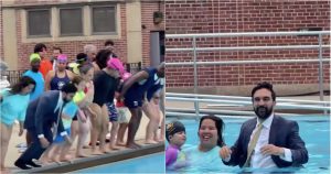 Mayor of New York takes a dive to mark the opening of public swimming pools