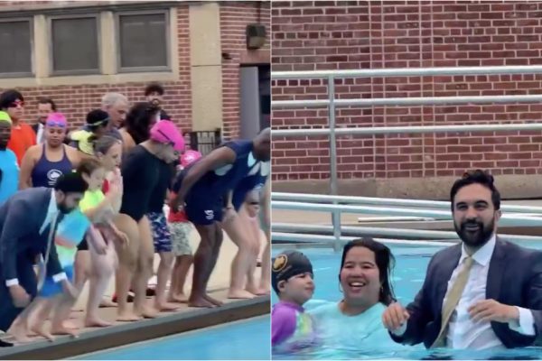 Mayor of New York takes a dive to mark the opening of public swimming pools