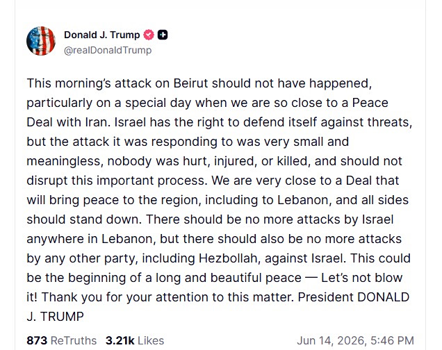 Trump's message to Netanyahu: "The attack on Beirut was wrong, there must not be another"